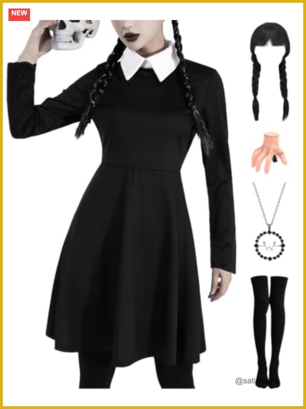Women's Black Dress Halloween Costume Set with Wig Necklace Socks